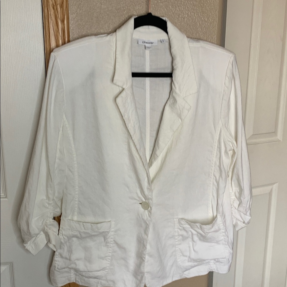CHICOS White Linen Single Button Bracelet Sleeves Blazer Size Medium